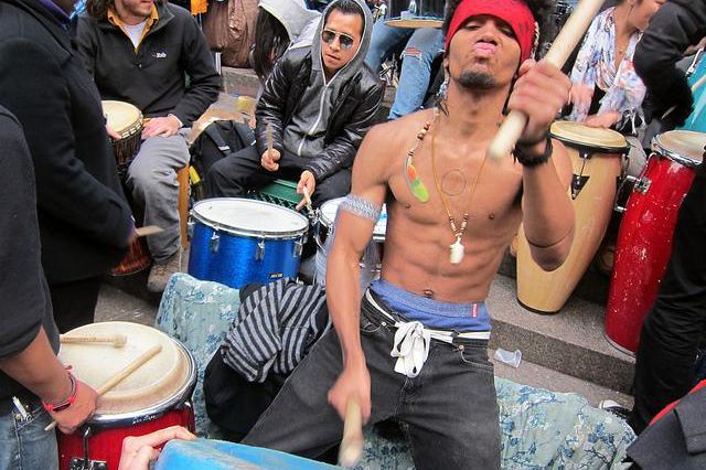 Pre-eviction drum circles drummed with gusto. Those were the days